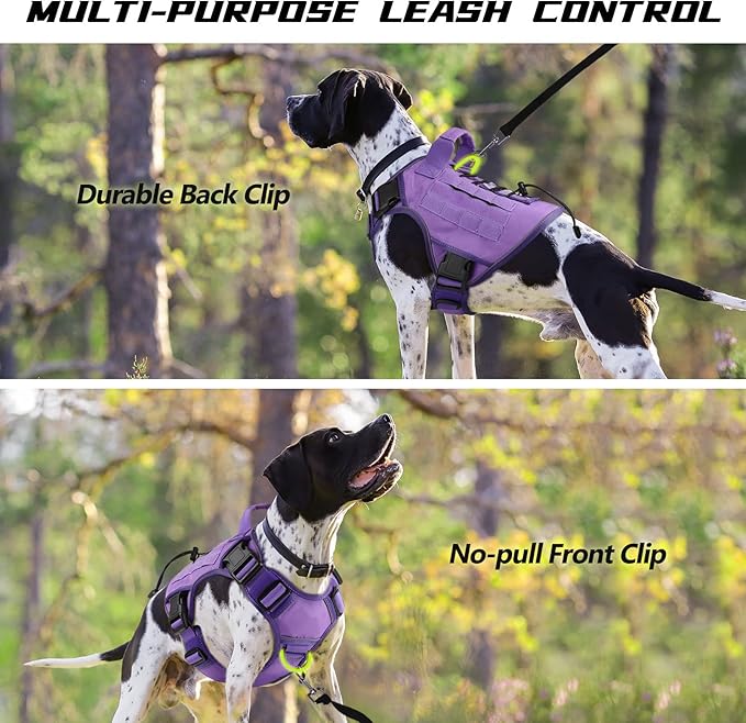 WINGOIN Purple Tactical Dog Harness for Large Dogs, Heavy Duty No Pull Dog Harness with Handle, Adjustable Reflective Military K9 German Shepherd Big Size Dog Vest for Walking, Training, Hunting (L)