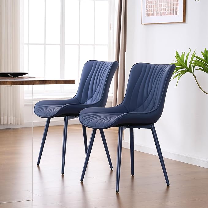YOUTASTE Navy Blue Dining Chairs Set of 2, Mid Century Modern Comfy Kitchen Chair, Upholstered Faux Leather, Navy Blue Metal Legs, Armless Accent Chairs for Bedroom Vanity Lounge