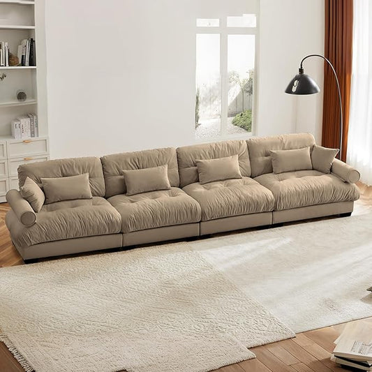 166" Oversized Camel Velvet Cloud Couch - 4 Seater Modular Sectional Sofa with 6 Pillows, Deep Seat for Living Room