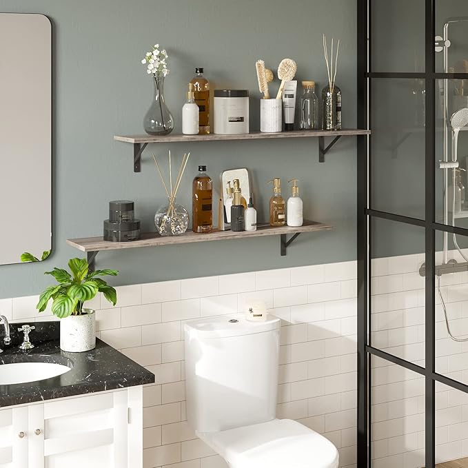 DINZI LVJ Long Wall Shelves, 39.4Inch Wall Mounted Shelves Set of 2, Easy-to-Install, Wall Storage Ledges with Sturdy Metal Brackets for Living Room, Bathroom, Bedroom, Kitchen, Greige