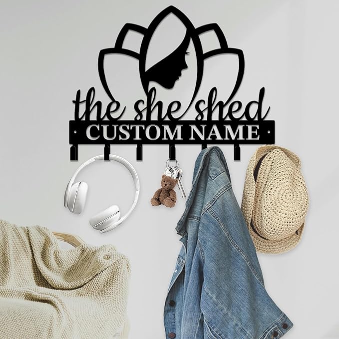 Personalized She Shed Keys Hooks,Custom Name Metal She Shed Art Keys Hooks,Metal She Shed Lover Wall Home Storage Decorative Keys Hooks,Key Holder Hooks for Wall (Style D)