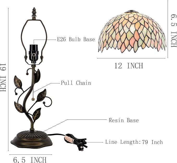 Tiffany Table Lamp, Stained Glass Style Desk Lamp, 12X12X19 Inch,Bedside Reading Light, Metal Leaf Base（Seven Color Wisteria Style