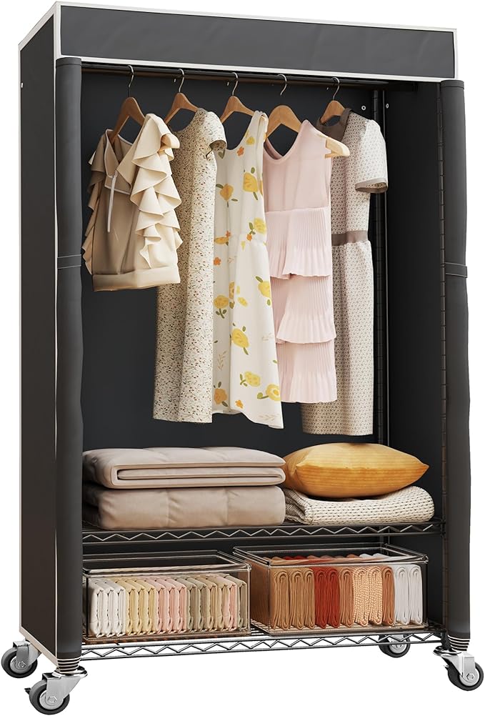 H4 Clothing Rack with Cover, Rolling Heavy Duty Clothes Rack, Garment Rack on Wheels, Portable Closet for Hanging Clothes, Black Clost Rack with Black Fabric Cover, Max Load 380LBS