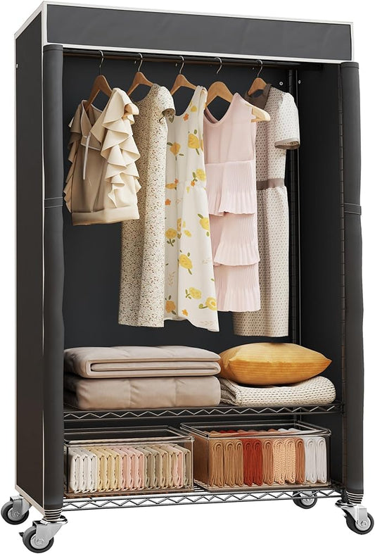 H4 Clothing Rack with Cover, Rolling Heavy Duty Clothes Rack, Garment Rack on Wheels, Portable Closet for Hanging Clothes, Black Clost Rack with Black Fabric Cover, Max Load 380LBS