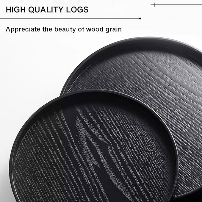 Round Wood Serving Tray, Solid Wooden Decorative Tray Non-Slip Tea Coffee Table Tray Snack Plate Food Meals Serving Tray with Raised Edges for Home Decor Kitchen Restaurant (9.5inch, Black)