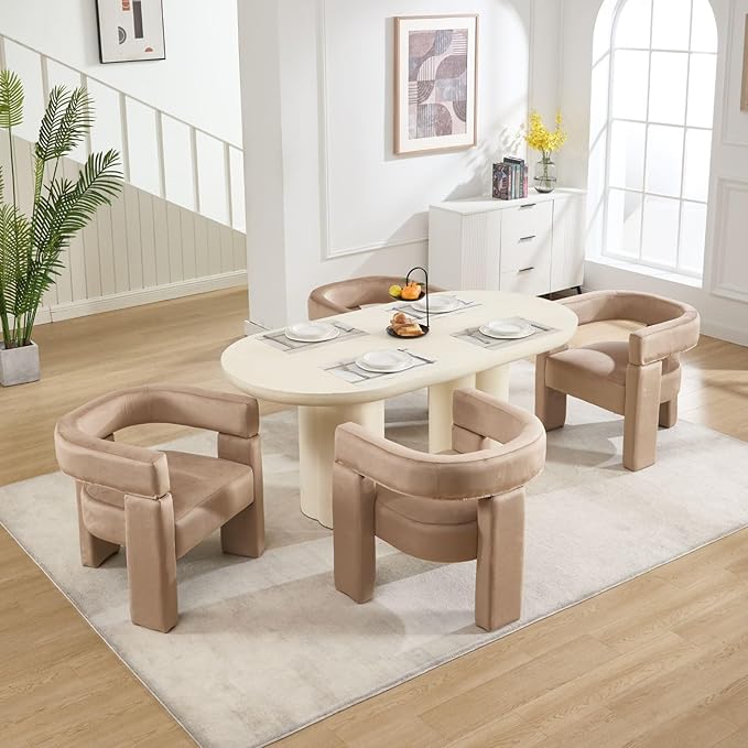 Khaki Dining Chairs Set of 6, Upholstered Velvet Barrel Chairs with Arms Comfy Side Chairs for Living Room/Dining Room/Reception