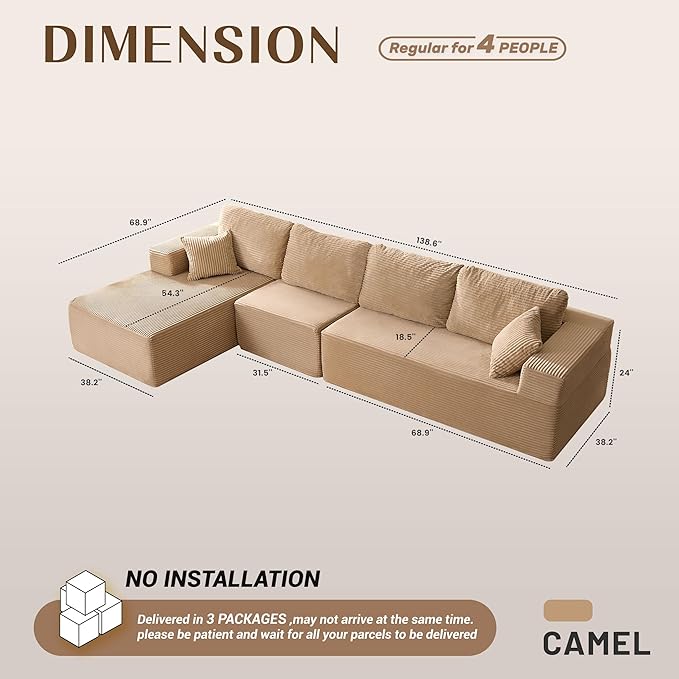 138" Boneless Couch with Deep Seat, Modular Sectional Sofa, Cloud Sectional Couch for Living Room, No Assembly Required, Corduroy, 4 Seater L-Shape Left, Camel