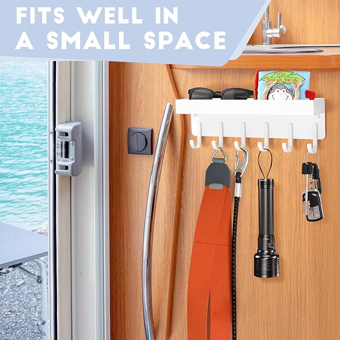 kuaima Magnetic Key Holder, Small Wall Mount Key Rack with Shelf for Fridge, 6 Metal Hooks, 9.65 Inch, 2 Installation Options, White