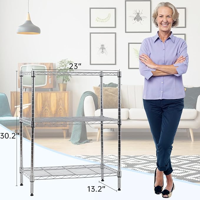 BestOffice 23Lx13.2Wx30.2H Adjustable Metal Storage Shelves 3-Tier Wire Shelving Unit Organizer Wire Rack 450Lbs Capacity for Small Places Kitchen Garage,Chrome