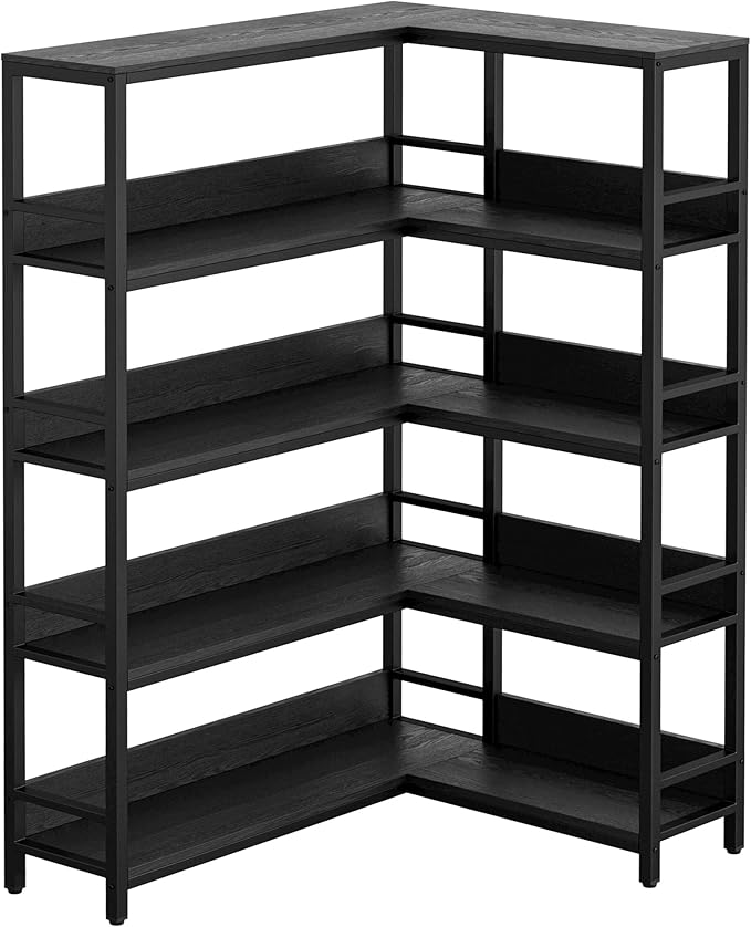 IRONCK Corner Bookshelf 5 Tiers, Industrial Corner Bookcase with Baffles Etagere, L Shaped Bookshelves with Metal Frame, Corner Shelf Storage Rack for Living Room Home Office
