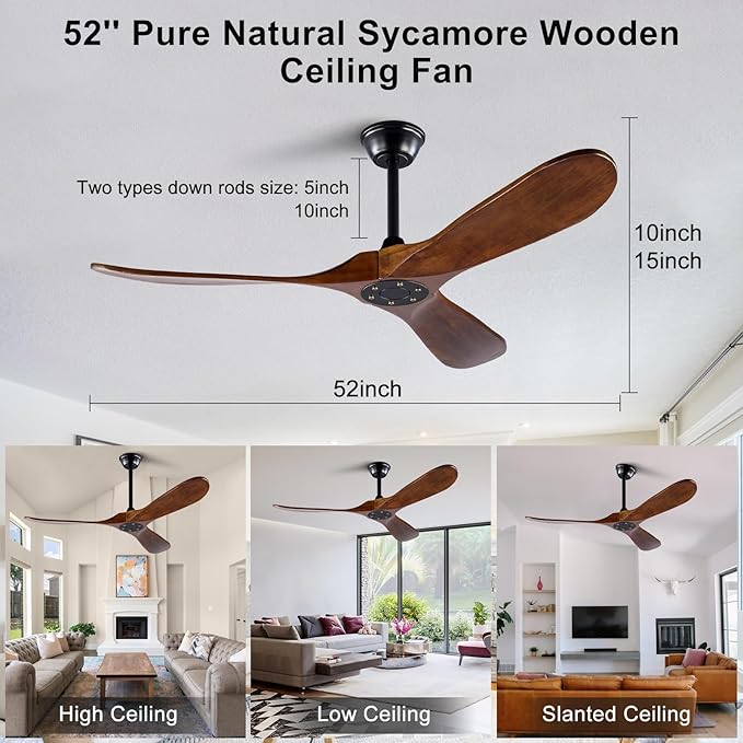 52 inch Ceiling Fan without Light, Quiet Reversible DC Motor Wood Ceiling Fan no Light, 3 Blades Modern Ceiling Fan with Remote Control for Outdoor Indoor Farmhouse Patios