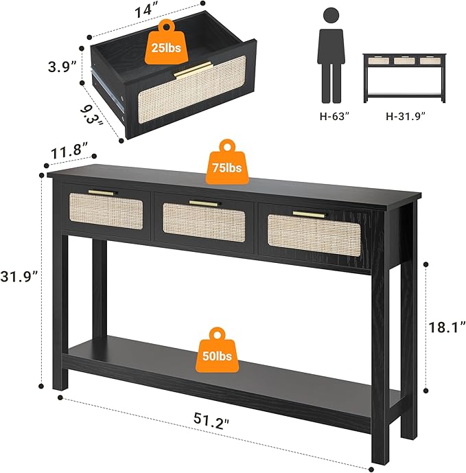 ELYKEN 51.2" Black Console Tables for Entryway, Rattan Entryway Table with 3 Drawer & Shelf, Narrow Long Sofa Table for Behind Couch Hallway, Entrance Entry Living Room