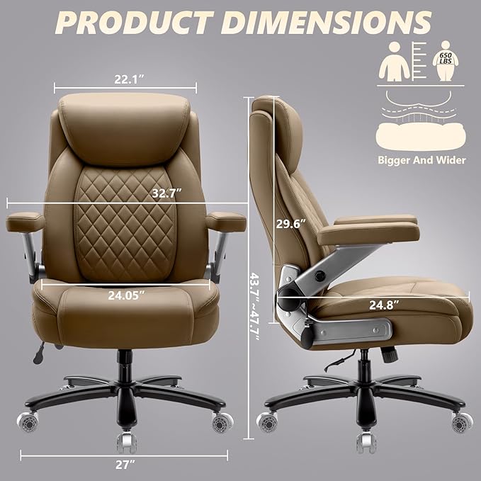 650LBS Big and Tall Office Chair with 5D Flip Arms and Thick Pocket Spring Cushion, Extra Wide Heavy Duty Office Chair with Adjustable Lumbar Support, Large High Back Computer Chair Dual Rubber Wheel