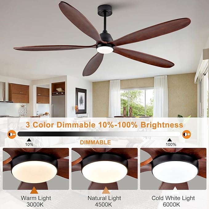 72 Inch Ceiling Fans with Lights and Remote Control, Large Outdoor Ceiling Fan with Light, Dimmable, High CFM, Wall Switch, Quiet 5 Blades Wood Ceiling Fan for Patio Gazebo Living Room