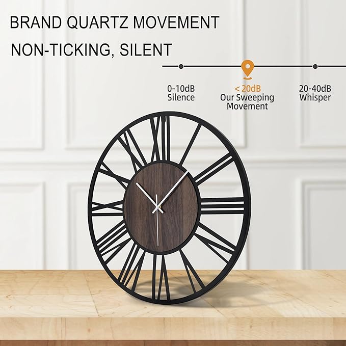 Large Wall Clock for Living Room Decor, 24 Inch Non Ticking Silent, Battery Operated Modern Vintage Oversized Wall Clock for Bedroom Kitchen