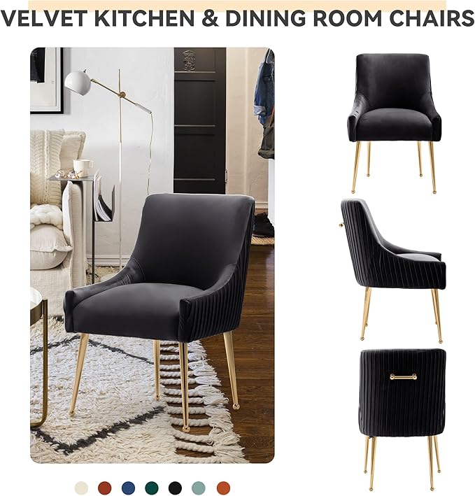 Dining Chairs, Accent Chairs Set of 2, Modern Upholstered Kitchen Dining Room Chairs with Gold Legs, Fabric Tufted Velvet Living Room Chairs for Reception Room Bedroom Guest Room (Black)