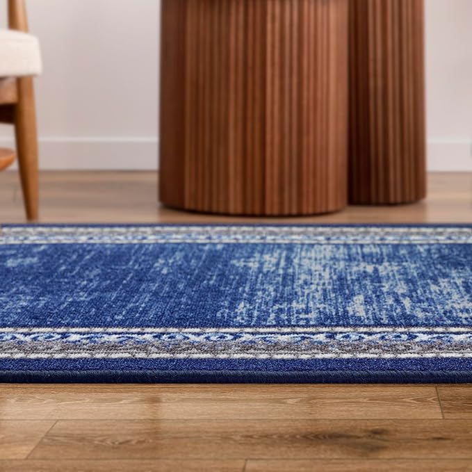 Antep Rugs Alfombras Bordered Modern 2x10 Non-Slip (Non-Skid) Low Pile Rubber Backing Indoor Area Runner Rug (Navy, 2' x 10')