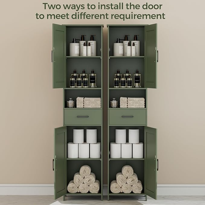 Homhedy 67" H Tall Bathroom Storage Cabinet with 2 Barn Doors and 1 Drawer, Narrow Storage Unit, Adjustable Shelves, Floor Cabinet for Bathroom, Living Room, Entryway, Kitchen, Green, (15.7" W)