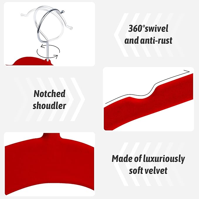 30 Pack Velvet Hangers – Non-Slip Slim Clothes Hangers with 360° Swivel Hook, Heavy Duty Flocked Shirt Hangers for Dresses, Suits, Blouses, Coats(Red)