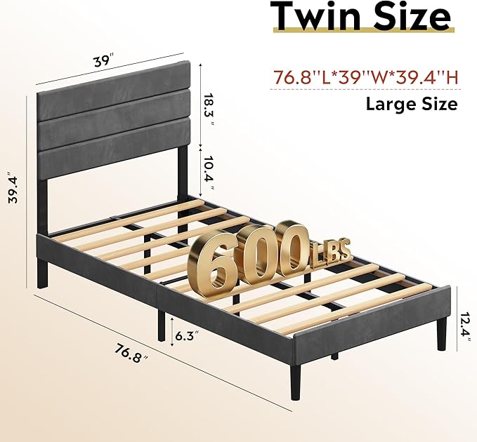 WLIVE Twin Size Upholstered Bed Frame, Velvet Square Tufted Headboard, Sturdy Metal & Wooden Slats Support, No Box Spring Needed, Light Grey