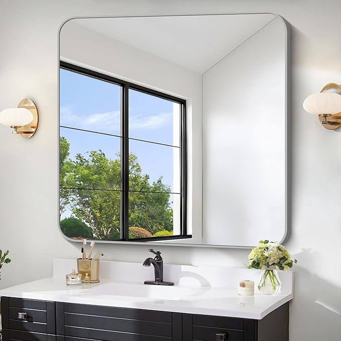 FORBATH 42x42 Inch Silver Bathroom Mirror for Over Sink, Large Square Wall Mirror with Metal Frame, Rounded Corners for Bathroom, Bedroom, Entryway Decor (Horizontal or Vertical)