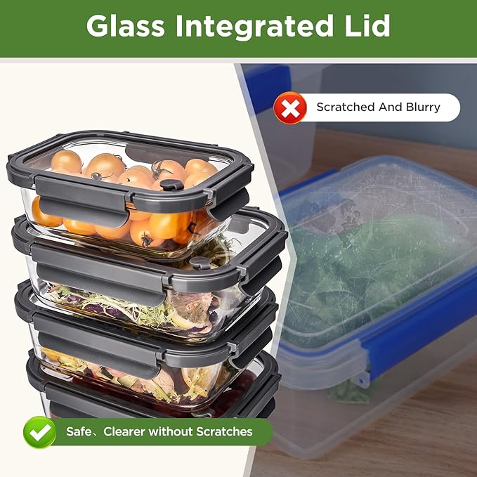 Glass Food Storage Containers with Glass Lids, 4 Pack Meal Prep Container with Airtight Lids, Microwave Safe Food Container Set, BPA Free, LeakProof, Ideal for Lunch