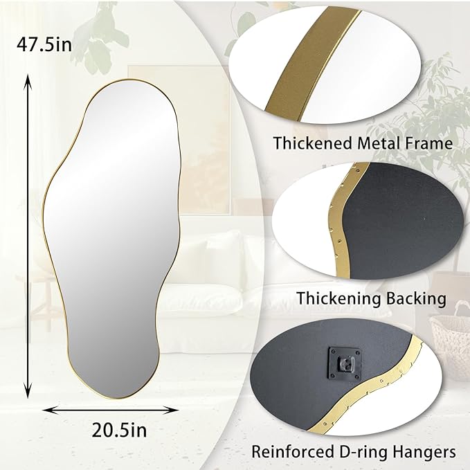 Irregular Mirror, 47"x20.5" Asymmetrical Wall Mirror with Gold Metal Frame, Large Abstract Mirrors Decorative, Modern Unique Shaped Mirrors for Living Room Bathroom Bedroom Hallway Entryway