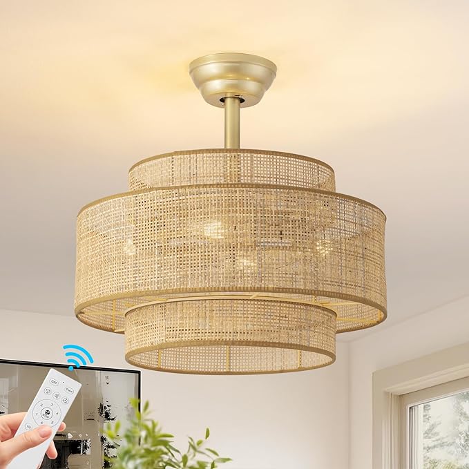 Boho Fandelier Ceiling Fan with Light Rattan Chandelier Fan Remote Gold Caged Ceiling Fan with Light for Bedroom, Living Room Nursery Foyer Kitchen（6 Speed, Timing Adjustable Height）