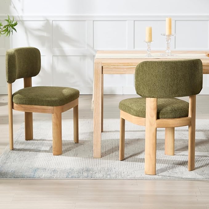 Green Upholstered Dining Chairs Set of 6 Chenille Fabric Dining Room Chairs Modern Barrel Kitchen Chairs with Curved Backrest and Wooden Legs