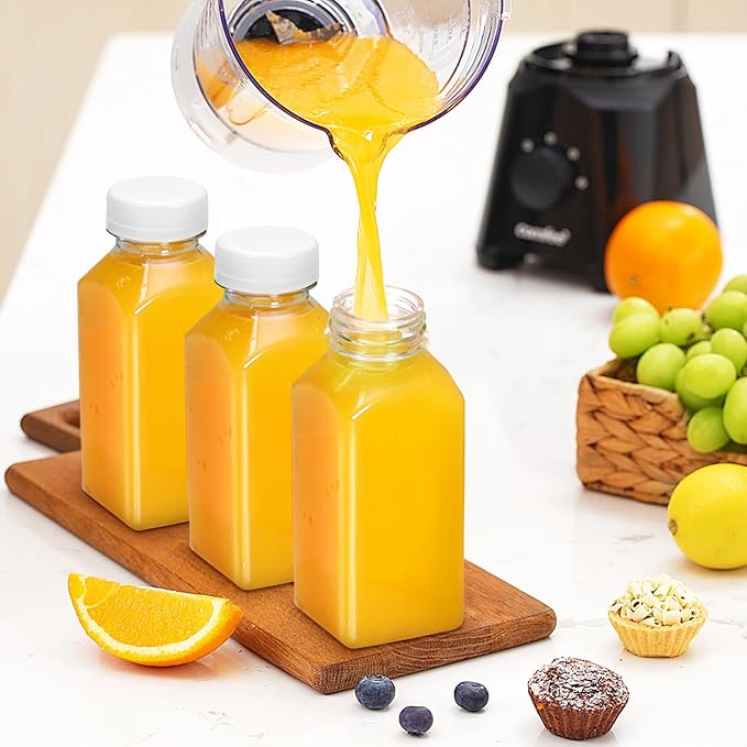 Plastic Juice Bottles, Reusable Juice Containers with White Tamper Proof Lids, Brush, Funnel and Labels, Clear Juice Containers for Juicing, Smoothie and Homemade Beverages (6PCS 8oz)