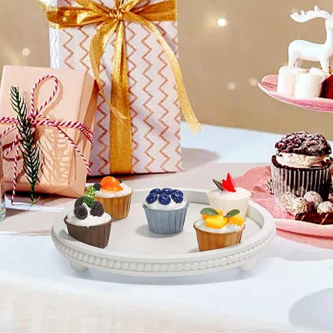 Wooden Beaded Decor Tray for Coffee Table, Rustic Wooden Trays Table Centerpieces, Decorative Trays for Home Decor Kitchen Table Farmhouse Serving Tray (Round White)