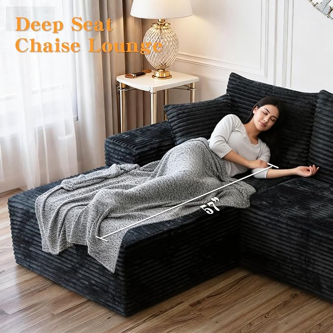 106'' Boneless Couches for Living Room, L Shaped Modular Sectional Sofa with Chaise Lounge, Faux Rabbit Fur & Layered Cushion Deep Seat Cloud Couch, No Assembly (Black, Left Facing Chaise)