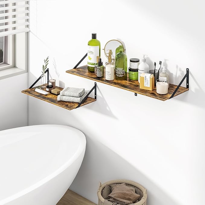 Heimlove Deep Floating Shelves for Wall, 36W x 12D Wood Wall Shelves Set of 2, Wide Floating Bookshelf for Living Room, Kitchen, Office, Bedroom and Decor Storage, with Metal Bracket - Rustic Brown