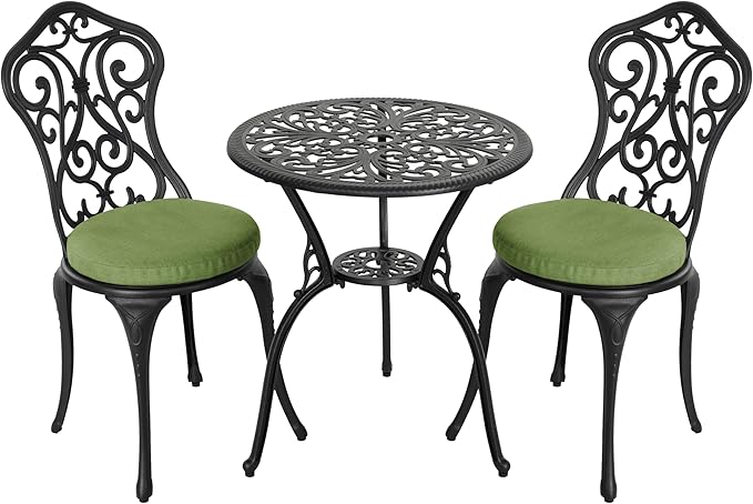 NUU GARDEN Patio 3-Piece Bistro Set with Cushions, Patio Chairs and Outdoor Round Table with Umbrella Hole, Cast Aluminum Patio Set for Lawn, Garden, Porch, Poolside, Black