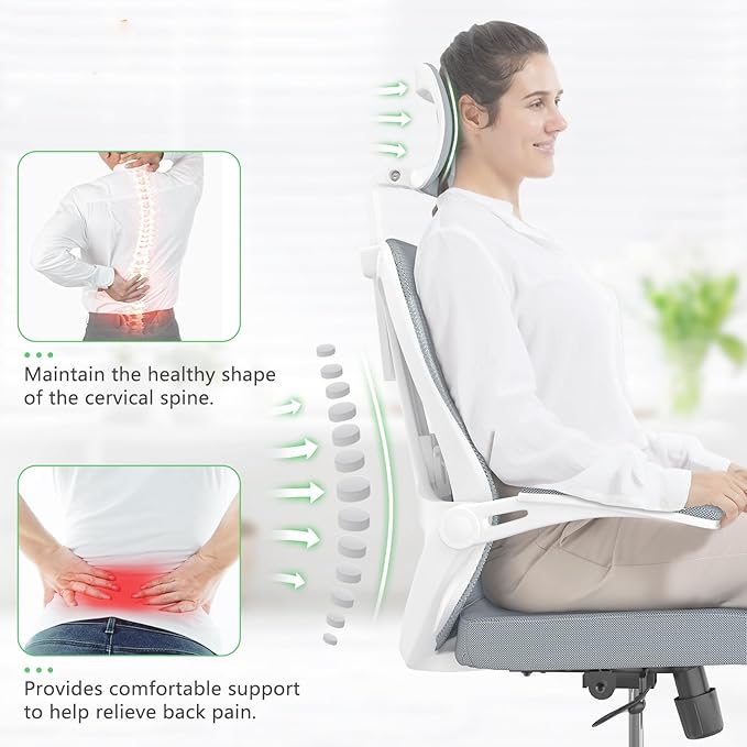 Office Chair,Ergonomic Comfy Home Desk Chair with 350LBS Capacity,High Back Gaming Chair with Wheels,Mesh Computer Chair,Lumbar Support, Adjustable Headrest,Flip-up Armrest (A-gray + White-1)