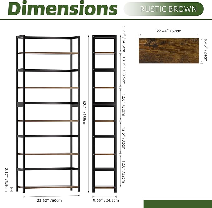 5-Tier Bookshelf, Industrial Bookcase with Bamboo Frame, Modern Display Standing Shelf Unit, Tall Wood Storage Organizer for Living Room, Home Office, Rustic Brown