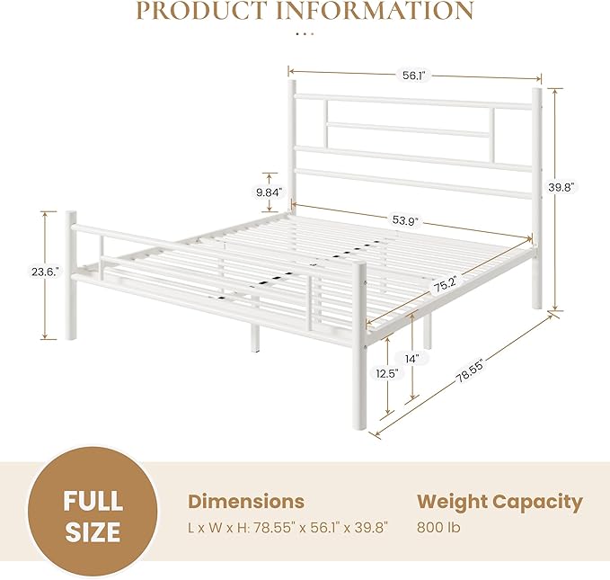 SHA CERLIN 14 Inch Full Size Metal Bed Frame with Iron-Art Headboard and Footboard,Under Bed Storage Space,Platform Bed with Metal Slats Support,Easy Assembly,Noise Free,No Box Spring Needed,White