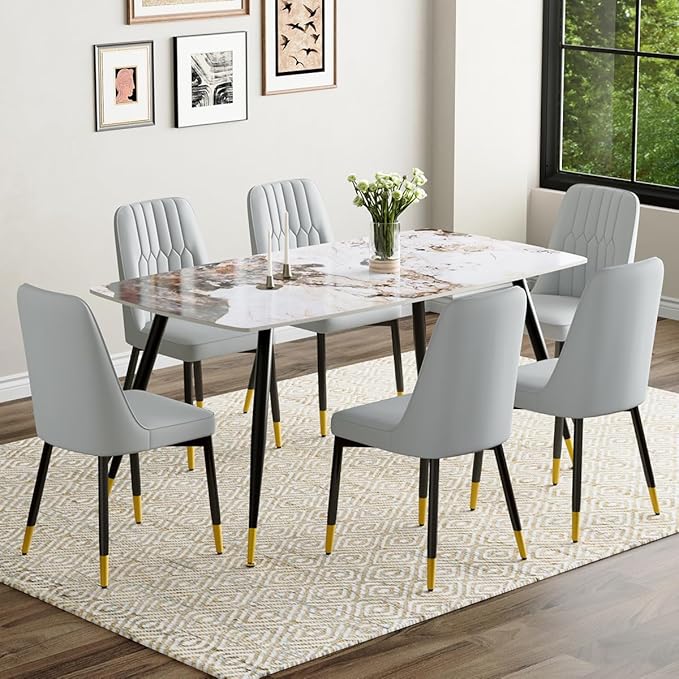 6 Person Dining Table Set, Sintered Stone Dining Table Set for 6, Kitchen Table Chairs Set of 6, Easy to Assemble