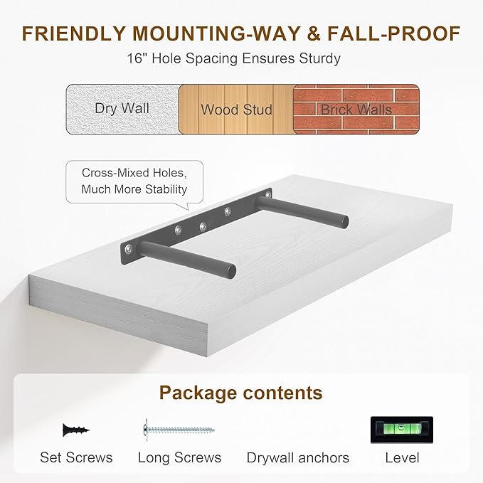 Fun Memories White Floating Shelves, 8 Inch Deep Wall Shelves Set of 2, Rustic Deep Shelves for Wall Storage, 24 x 8 Floating Shelves, 8" White Shelf for Bedroom, Living Room, Kitchen