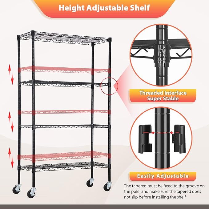 FDW | 4-Tier Wire Storage Shelves with Wheels | 36"x14"x62" | Black | Adjustable Racks | Heavy-Duty Metal Shelf, Holds Upto 500 lbs | Tool-Free Assembly, Rust-Resistant | for Home & Garage Shelving