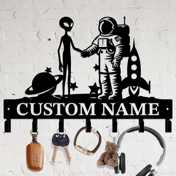 Personalized Custom Alien ET Metal Wall Keys Hooks,Clothes Hooks Alien ET Art coat racks,door holder,Black Alien ET decorations for home,Entrance doors,Hallway, Bedroom,Keys,Hats (Style O)