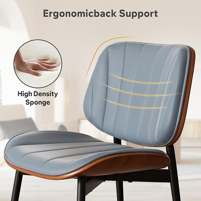 Dining Chairs Set of 4, Mid Century Modern Dining Room Chair, Upholstered Faux Leather Kitchen Chairs with Walnut Bentwood Back and Metal Legs for Kitchen Dining Room Living Room, Blue