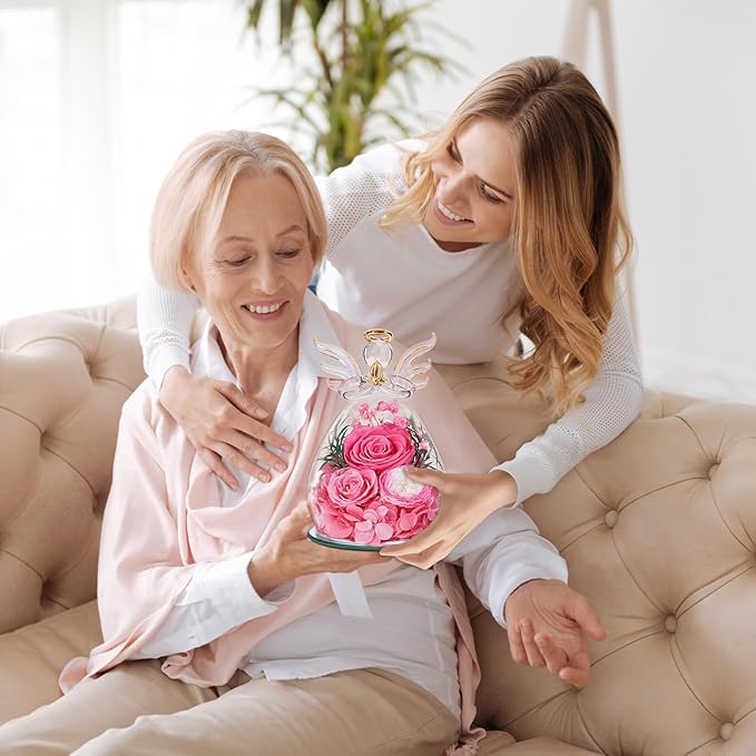 Birthday Gifts for Women Mom Preserved Roses in Glass Angel Figurines Fresh Flowers for Delivery Forever Flowers Eternal Rose Christmas for Grandma Sister Wife Her from Daughter