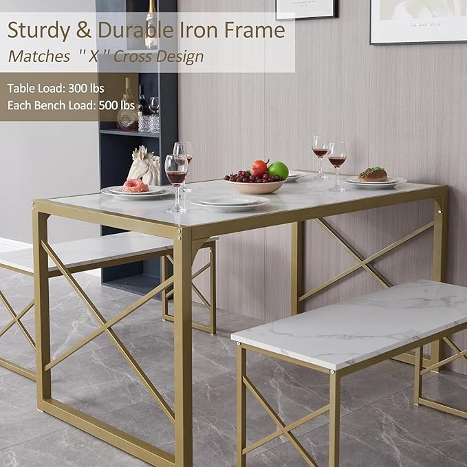 VECELO Kitchen Dining Table Benches Set for 4, 55" Wooden Dinette with 2 Benches, Heavy-Duty Dining Room Table for Small Space, Breakfast Nook, Gold