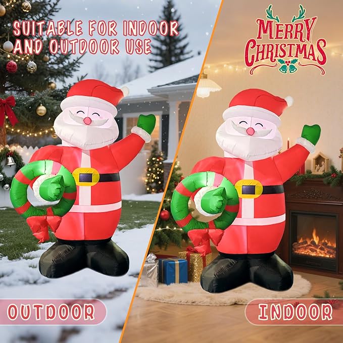 Giant Inflatable Santa Claus Christmas Decoration, 8Ft LED Lighted Outdoor Holiday Decor with Wreath, Fast Self-Inflating, Yard Lawn Garden Display