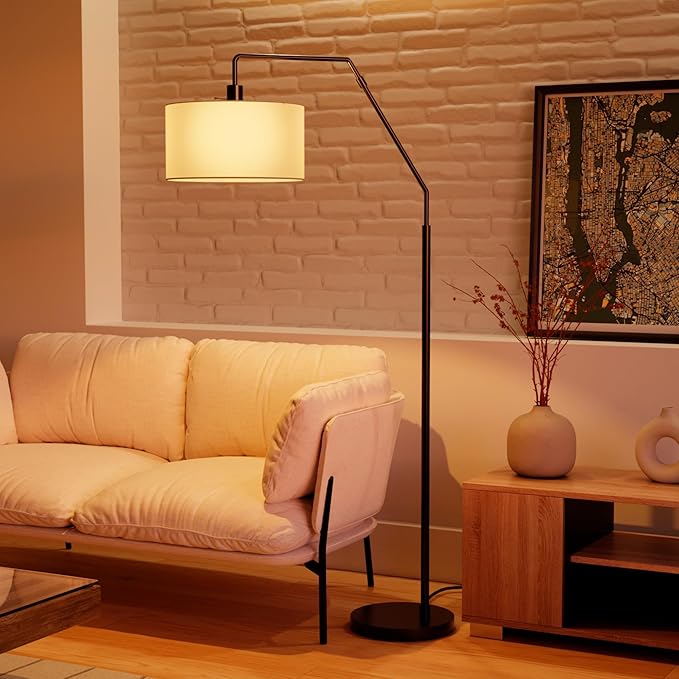 GLOBE Electric 61000172 65" Floor Lamp, Matte Black, White Fabric Shade, On/Off Rotary Switch on Socket, 5-Foot Black Cord, 1-Light, 100W E26/Medium Base Bulb