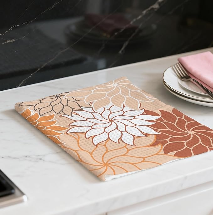 Boho Floral Abstract Waffle Towels, Flower Hand Towel for Bathroom Decor, 16x24 Inch Neutral Orange Color Flower Dish Tea Towel Decor for Kitchen/Bath/SPA,Gift for Friends.