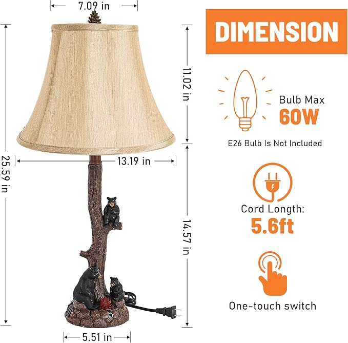 Classic Rustic Table Lamp with Three Black Bears Around Fire Pit - 25.59 Height, 3-Level Dimmable Campfire Light, USB/Type-C Powered, E26 Socket for Bedroom Living Room Decor