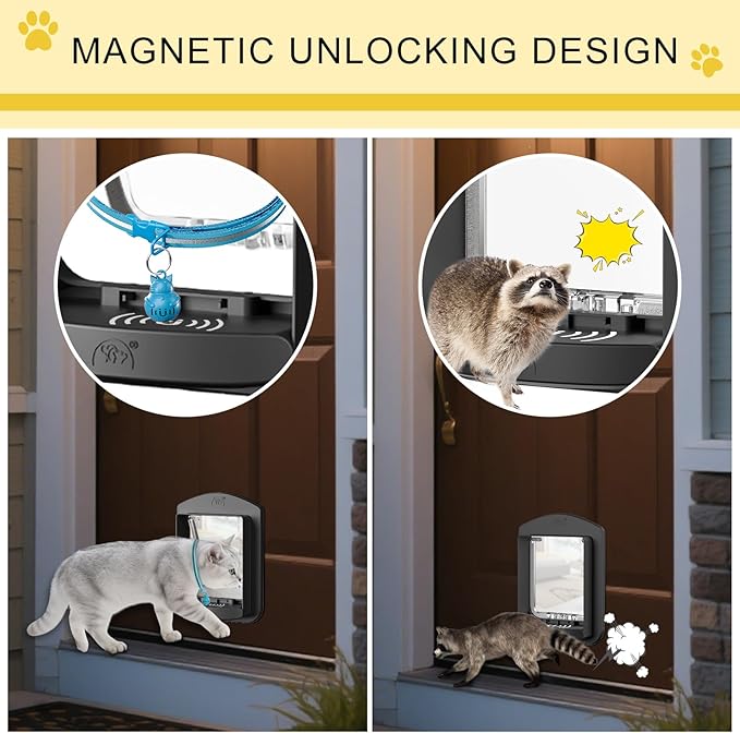 [ALUMANI] Cat Door for Interior Door and Exterior Door, 4 Way Locking Cat Door with Magnetic Flap, Collar Activated Pet Door, 2pcs of Cat Magnetic Collars, Black