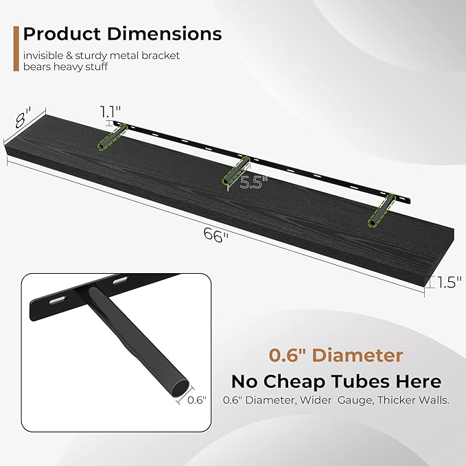 Fun Memories 66 Inch Fireplace Mantel Shelf with Invisible Bracket, 8 Inch Deep Floating Shelf for Living Room, Kitchen, Farmhouse, Black
